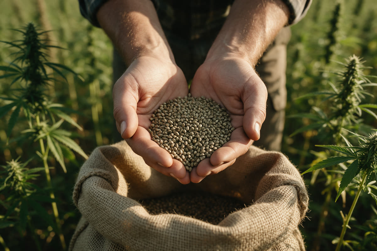 Farmer's hands holding hemp seeds over a burlap sack