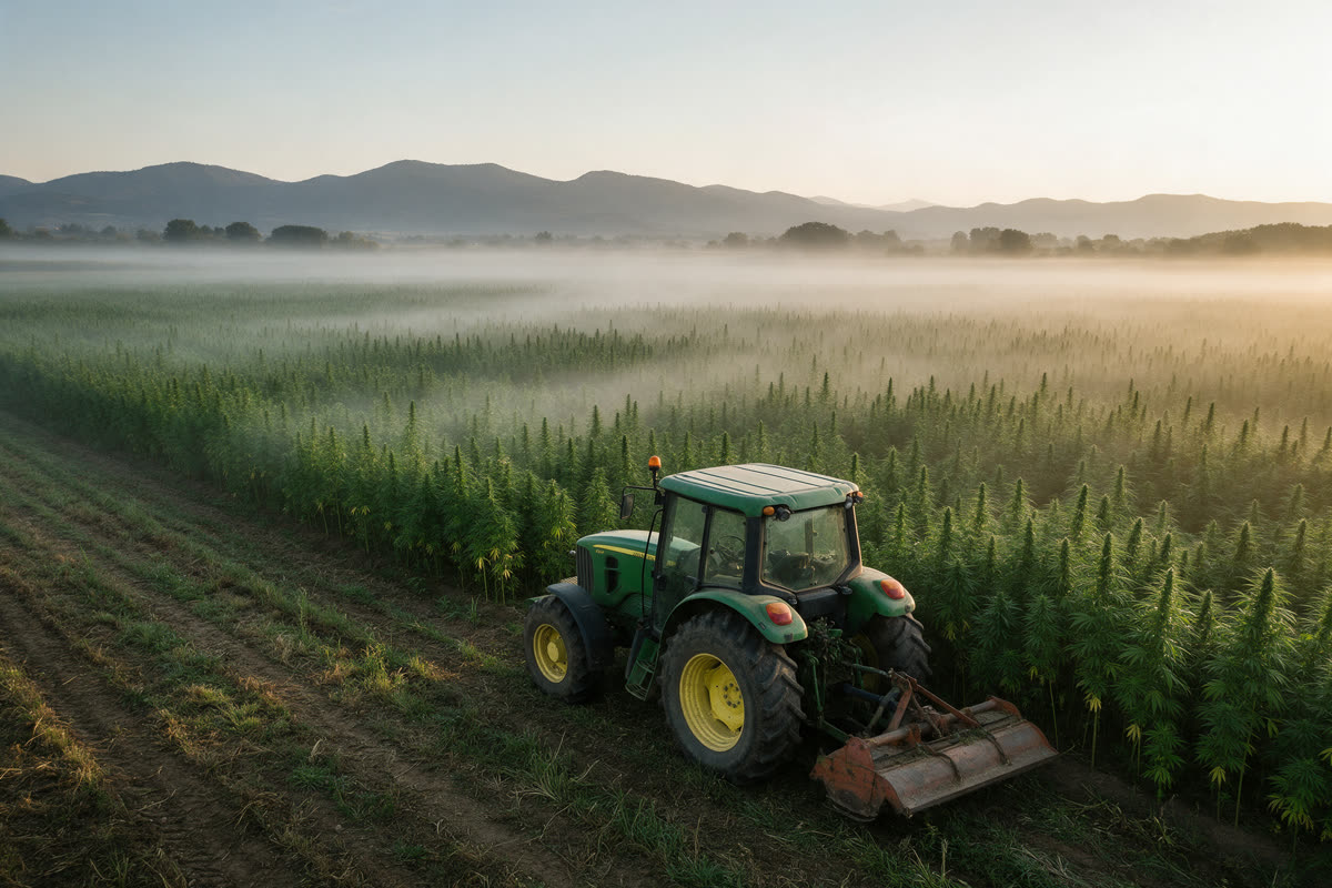 Green tractor at the edge of a misty hemp field at sunrise